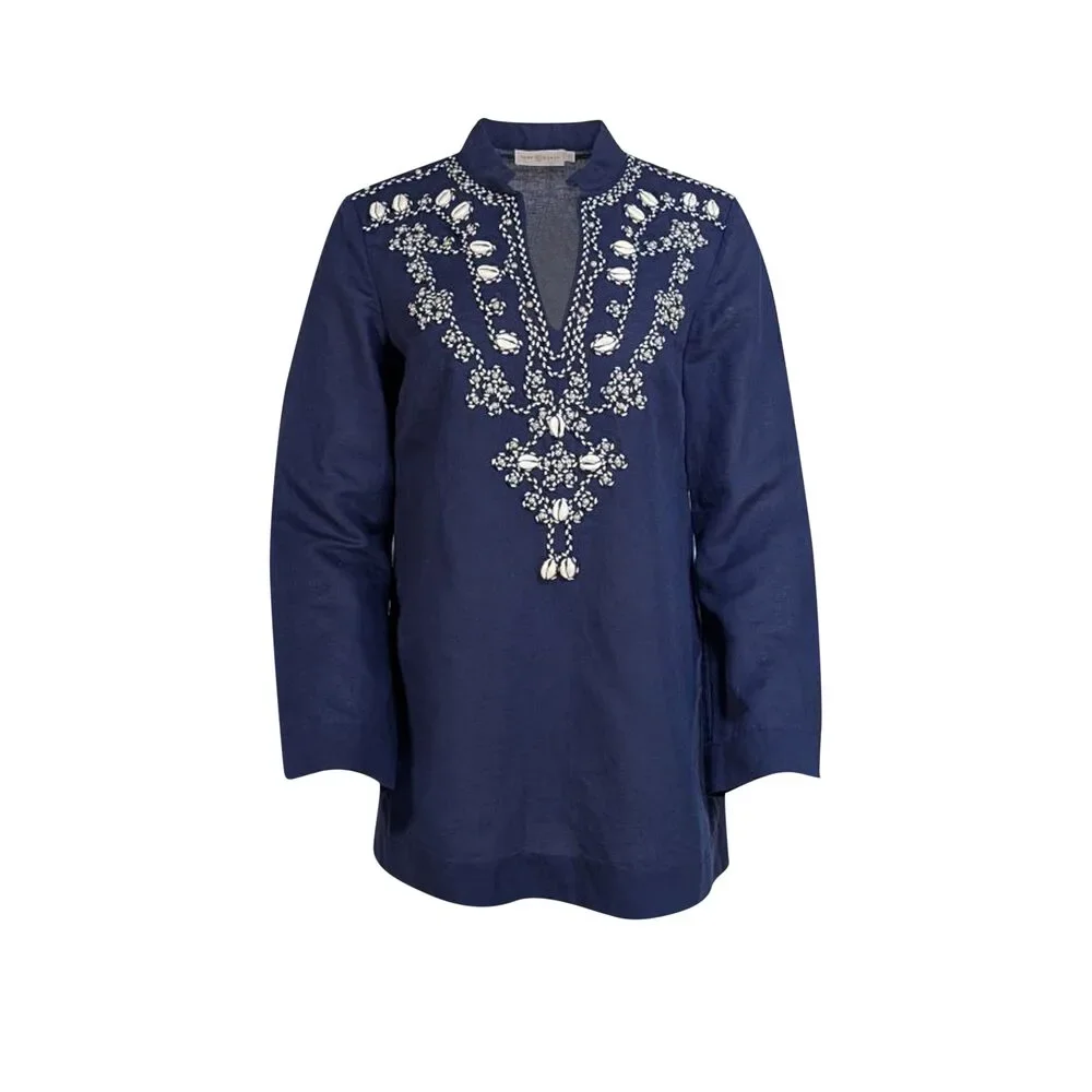 Tory Burch - Navy w/ Pearl, Shell, & Rope Embroidery V-Neck Tunic Top Sz 8